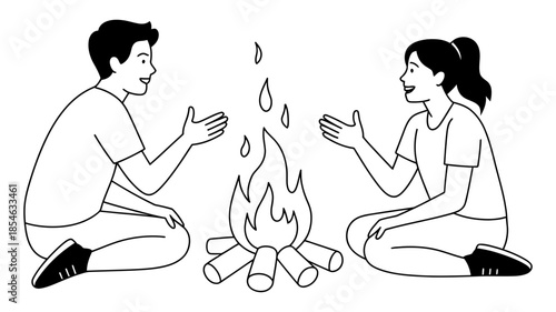 Black and white line art illustration of two people sitting around a campfire, talking and enjoying the moment