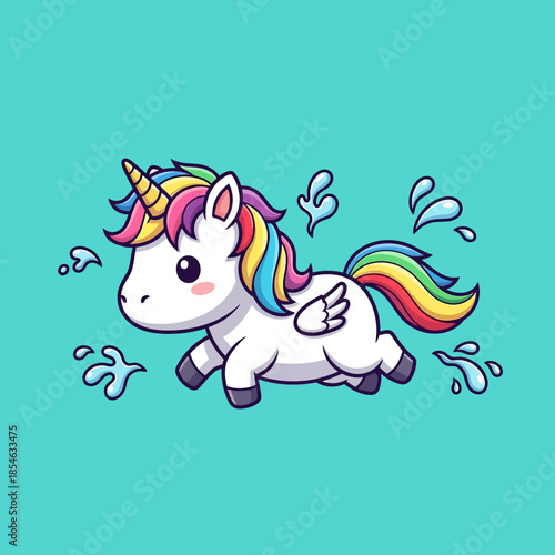 Cute Unicorn with Rainbow Mane and Tail Splashing in Water.