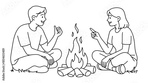 Man and woman sitting around a warm campfire, engaged in conversation and showing gestures in a friendly outdoor setting.