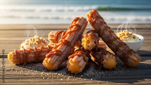 Delicious churros with caramel drizzle and powdered sugar artfully arranged on a rustic wooden table by the ocean.