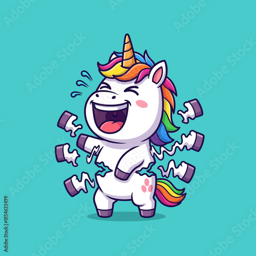 Funny Cartoon Unicorn Laughing and Falling Apart.
