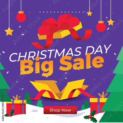 Big Sale template for Christmas sale, with a beautiful background. Christmas tree and toys, gifts. Vector illustration
