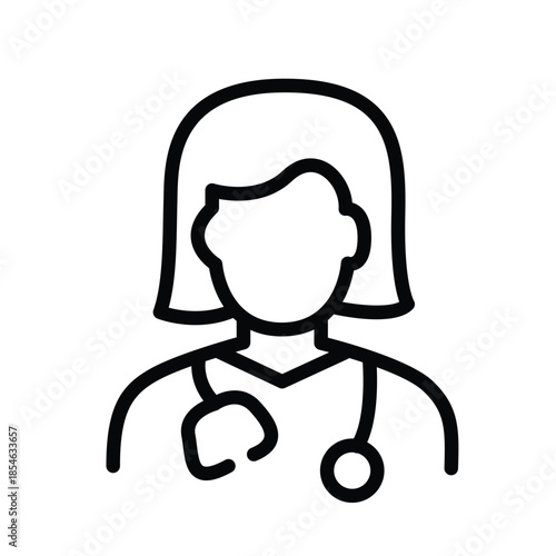 Simple line art icon of a female doctor with stethoscope, Minimalist line drawing of a confident female doctor.