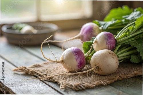 A close-up photo of freshly harvested turnips with pale purple tops and white bulbs, resting on a rustic wooden table