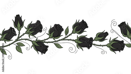 Elegant seamless border of black roses with thorns and green leaves illustration