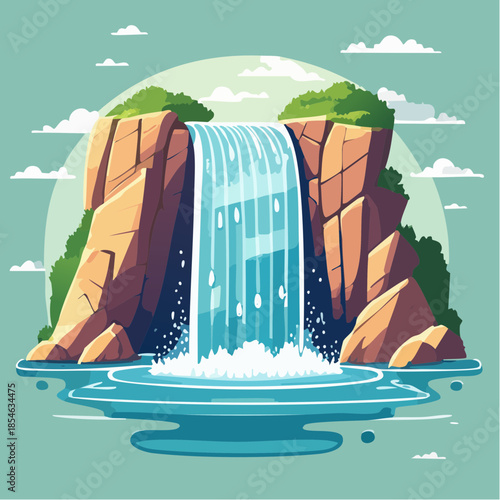 Cartoon waterfall cascading over rocks into a pool of water, surrounded by greenery and clouds.
