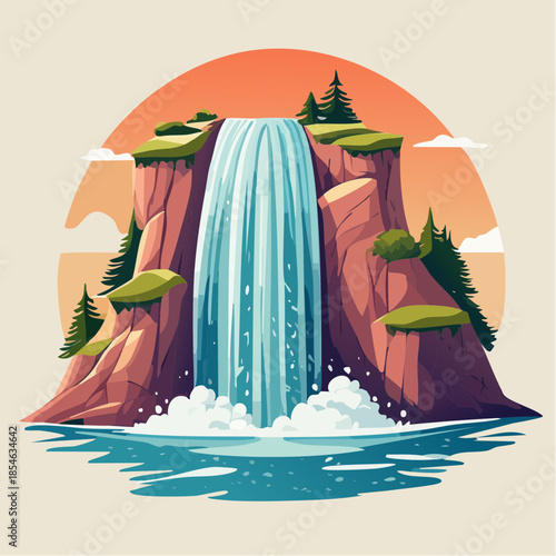 A vibrant cartoon illustration of a waterfall cascading into a pool, surrounded by rocky cliffs and lush greenery.