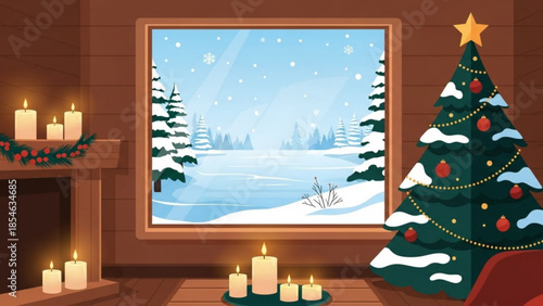 Cozy winter interior with christmas tree candles and snowy landscape outside window