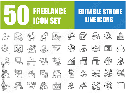 Freelance Line Icons Set, Editable Stroke Vector Illustration of Remote Work, Home Office, Digital Nomad, Self-Employed, Client Meeting, Online Work, Side Hustle, Freelancer, Gig Economy and Independe