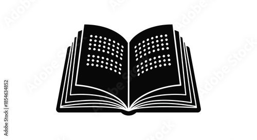 An open book with detailed pages is presented as a striking black silhouette