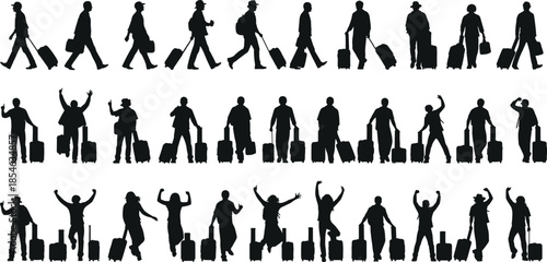 Silhouette Set of Travelers Walking Standing and Celebrating Success with Luggage Suitcases for Vacation Trip and Global Summer Holiday Concept