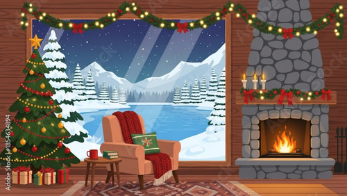 Cozy living room with christmas tree, fireplace, and snowy mountain view through large window at night