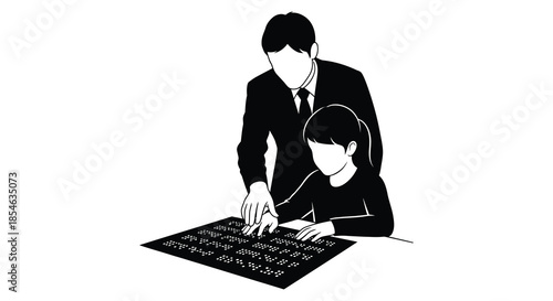 A man and a young girl interacting over a dark surface depicted in a striking silhouette