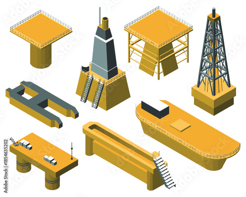 Isometric illustrations of offshore oil rig components are shown on a white background.