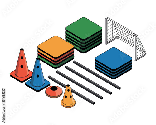 A collection of soccer training equipment including cones, markers, and a small goal