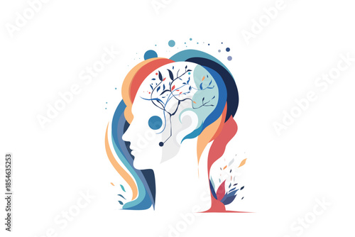 Human head profile with colorful abstract hair and growing tree branches inside brain, modern flat vector illustration symbolizing mind, psychology, creativity, thoughts and mental health.