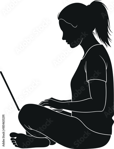 Young woman silhouette sitting cross-legged on floor using laptop computer for remote work, online education, freelance blogging, and digital browsing.