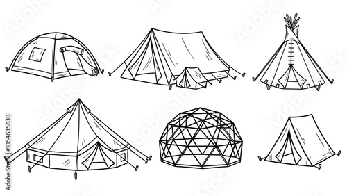Hand drawn line art collection of diverse camping tents and outdoor shelters illustrations