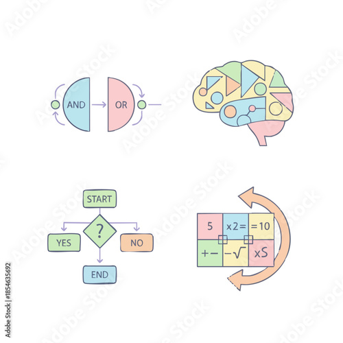 Conceptual line icons illustrating logical thinking, problem-solving, decision-making, and mathematical reasoning, ideal for visualizing analytical and cognitive functions