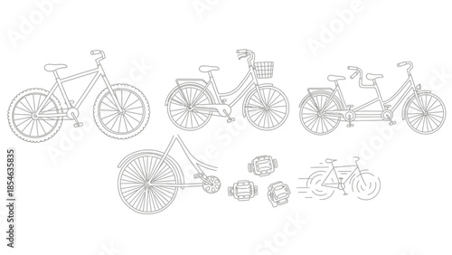 Minimal line art collection of diverse bicycle designs wheels parts and icons