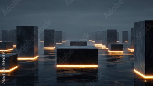 Glowing Foundation Blocks Beneath a Modern Structure Representing Business Stability, Strong Foundation, Strategic Planning, and Long-Term Growth.