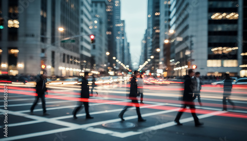 Out of focus, long exposure, blurred street, dynamic urban traffic, people, cars, modern art, energy