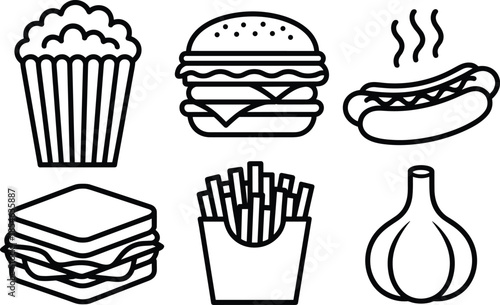 Black and white of popcorn burger hot dog fries and onion