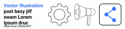 Collaboration, communication tools, social media, digital sharing, marketing, workflow design. Outline of a gear, megaphone and share icon. Collaboration and communication tools concept