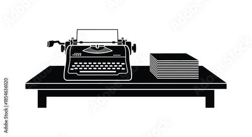 A vintage typewriter and stack of papers on a table rendered as a dark silhouette