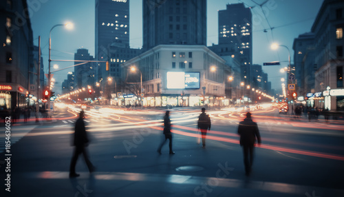 Out of focus, dynamic night city, blurred traffic, long exposure, urban life, people, cars, abstract background