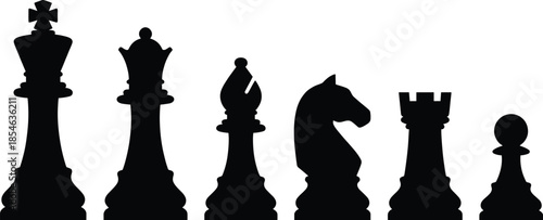 Chess piece silhouettes set, king queen bishop knight rook pawn, strategy game icons, competition concept, black vector illustration, isolated design