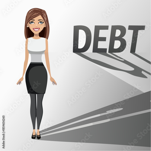 Cartoon woman standing next to the word DEBT, casting a long shadow.