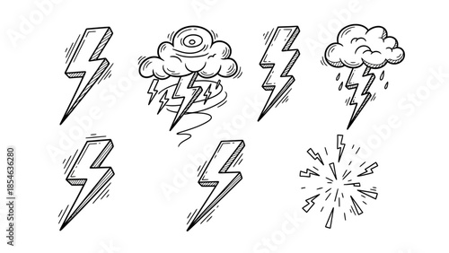 Hand drawn sketched lightning bolt and thundercloud icon set black ink
