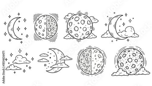 Hand drawn moon phases and celestial icons with clouds and stars