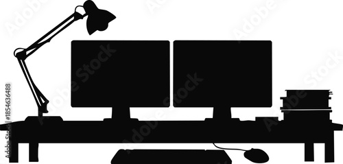 Black silhouette of a modern dual monitor workspace desk with lamp and books