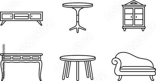 Six Different Furniture Illustrated in Black and White Line