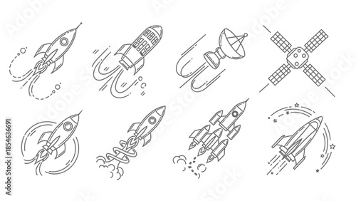 Minimal monochrome space icon set featuring rockets satellites probes and boosters