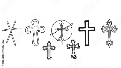 Collection of black line art cross designs in minimalist and ornate styles on white background