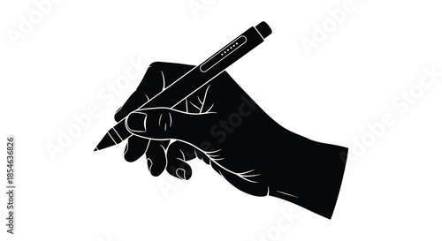 A striking black silhouette of a hand firmly gripping and holding a pen silhouette