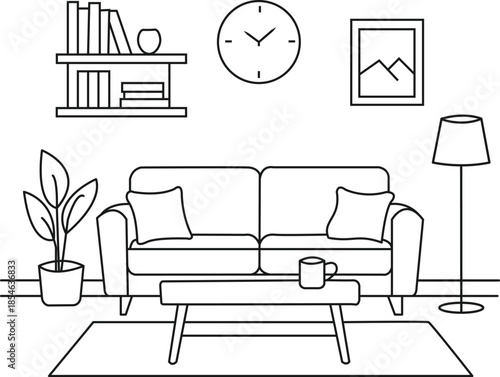 Black and white line art illustration of a cozy modern living room.