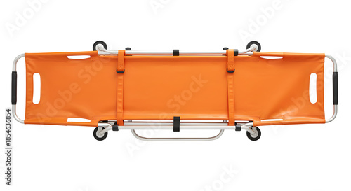 Orange emergency gurney offers a clean design on a black backdrop. Ideal for medical presentations, healthcare branding, and emergency services posters.