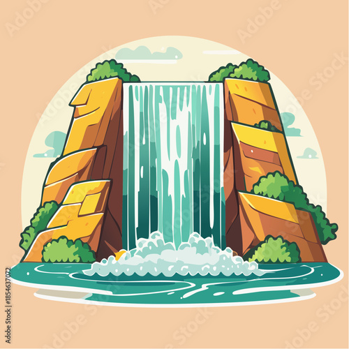 Cartoon illustration of a waterfall cascading between rocky cliffs into a pool of water.