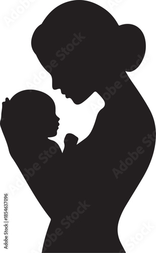 Black silhouette of woman kissing child on forehead