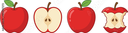 Red apple illustration set, whole sliced bitten fruit, fresh healthy food concept, flat design style, vector graphic, isolated elements
