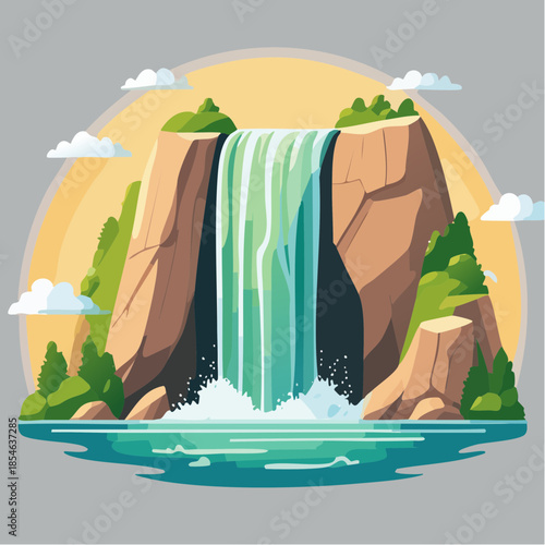 Cartoon illustration of a waterfall cascading down a rocky cliff into a turquoise pool, surrounded by lush greenery and a sunny sky.
