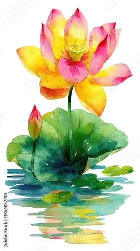 Watercolor Lotus Flower Blooming Above Water With Green Leaves Reflecting on Surface