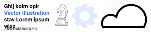 Business strategy, cloud technology, data storage, innovation, engineering concepts, decision-making. A chess knight, gear and cloud icon in minimal design. Business strategy and cloud technology