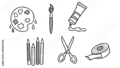 Hand drawn monochrome art supplies icons palette brush tube and tools