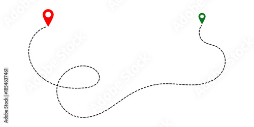 Hand drawn curve dotted line with location pointer on isolated transparent background