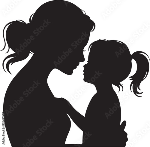 Silhouette of a woman and child embracing with ponytails